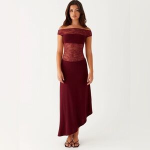 Peppermayo Burgundy Asymmetrical Lace Off The Shoulder Dress